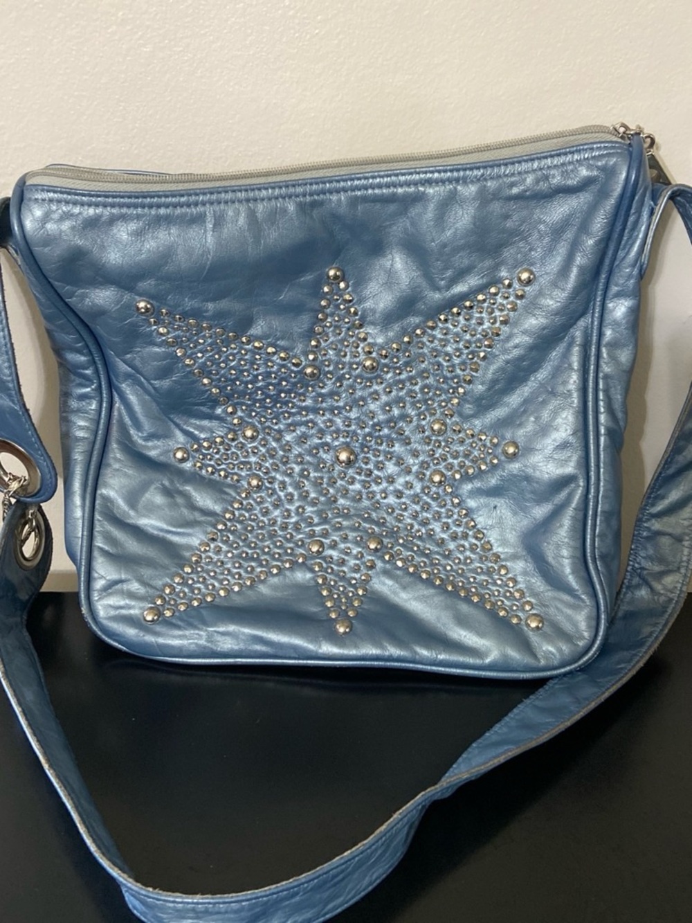 Genuine leather Metallic Light Blue Star-Studded Crossbody Bag
